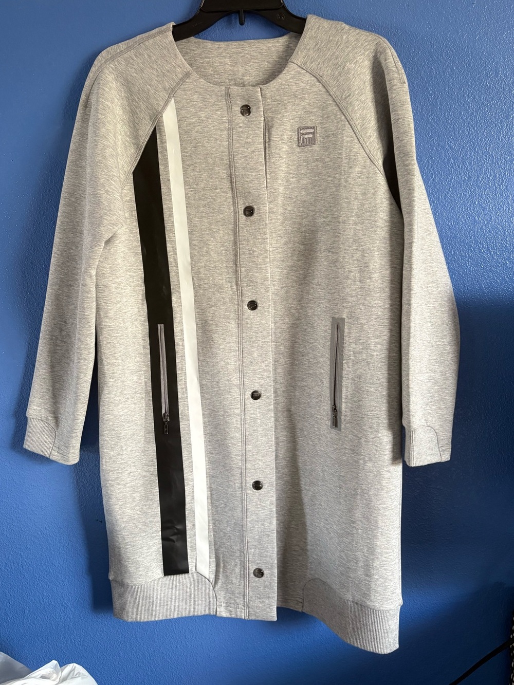 FILA Light Gray Longline Snap Jacket with Black & White Stripe